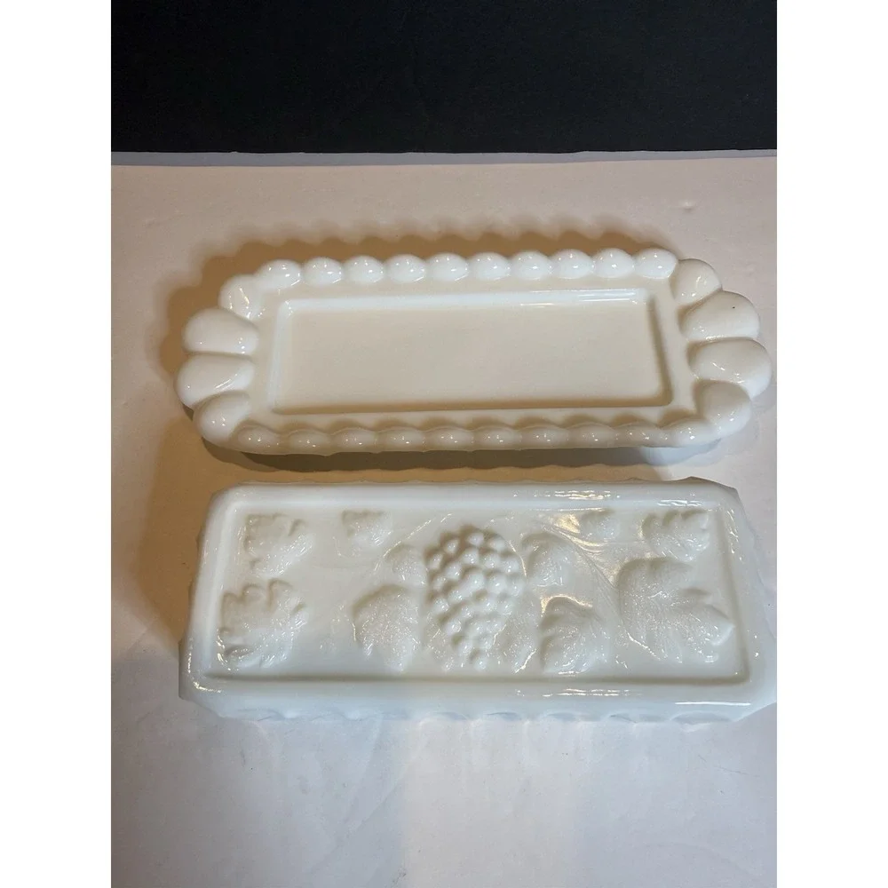 Westmoreland Paneled Grape Milk Glass Covered Butter Dish with Tray